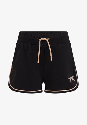 Czarne szorty z beżowym sznurkiem, beżowym obszyciem na krawędziach oraz małym haftowanym panterem na przedniej prawej nogawce.