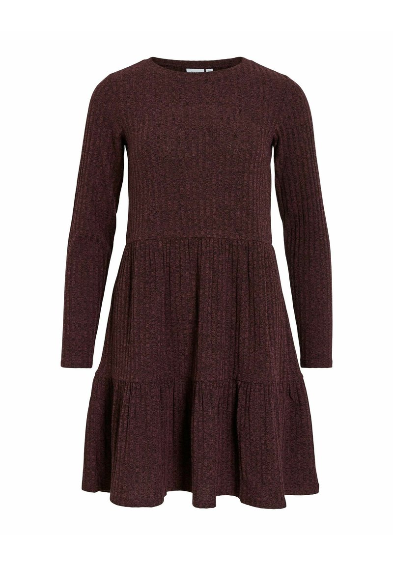 Vestido de punto acanalado de manga larga en marrón oscuro, con escote redondo y falda de capas y evasé.