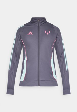 Giacca sportiva grigio scuro con collo alto, strisce laterali rosa e azzurro chiaro, chiusura frontale con zip e marchio "AEROREADY" sull'orlo.