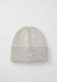 Light grey knitted beanie with a ribbed texture and a folded cuff. Features a small embroidered logo on the cuff.