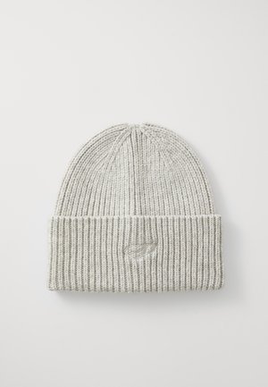 Light grey knitted beanie with a ribbed texture and a folded cuff. Features a small embroidered logo on the cuff.