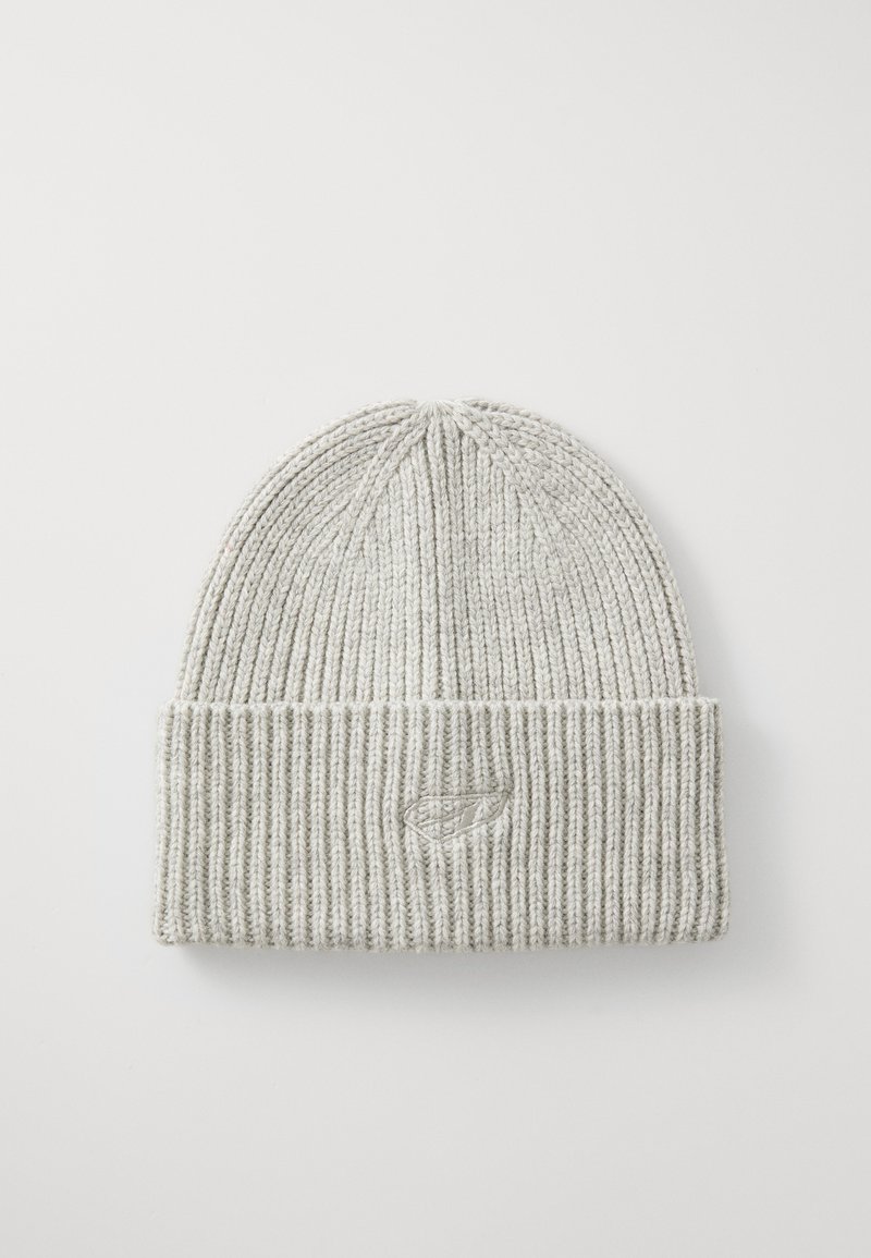 Light grey knitted beanie with a ribbed texture and a folded cuff. Features a small embroidered logo on the cuff.