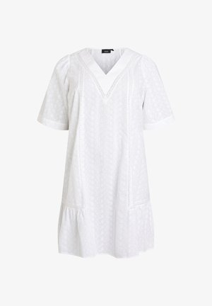 Weißes Kleid mit kurzen Ärmeln und V-Ausschnitt, zarter Blumenstickerei, Spitzenverzierungen und einem gerüschten Saum.