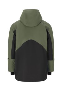 Grüne und schwarze Kapuzenjacke mit einem Farbblockdesign, glatter Textur und elastischen Bündchen. Rückansicht, die die Nahtdetails hervorhebt.