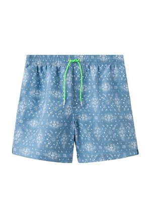 Blaue Badeshorts mit weißen Blumenmustern und einem leuchtend grünen Kordelzug am elastischen Bund.