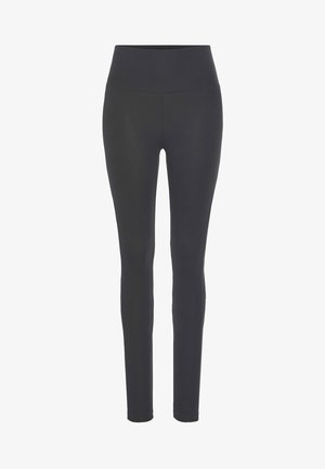 Schwarze Leggings mit hohem Taillenbund, hergestellt aus dehnbarem Stoff. Glatte Textur, enganliegendes Design, knöchellange Ausführung ohne sichtbare Muster.