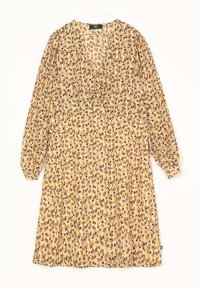 Vestido de manga larga en una tela ligera con un estampado floral en tonos de amarillo, morado y verde. Presenta un escote en V y una cintura fruncida.
