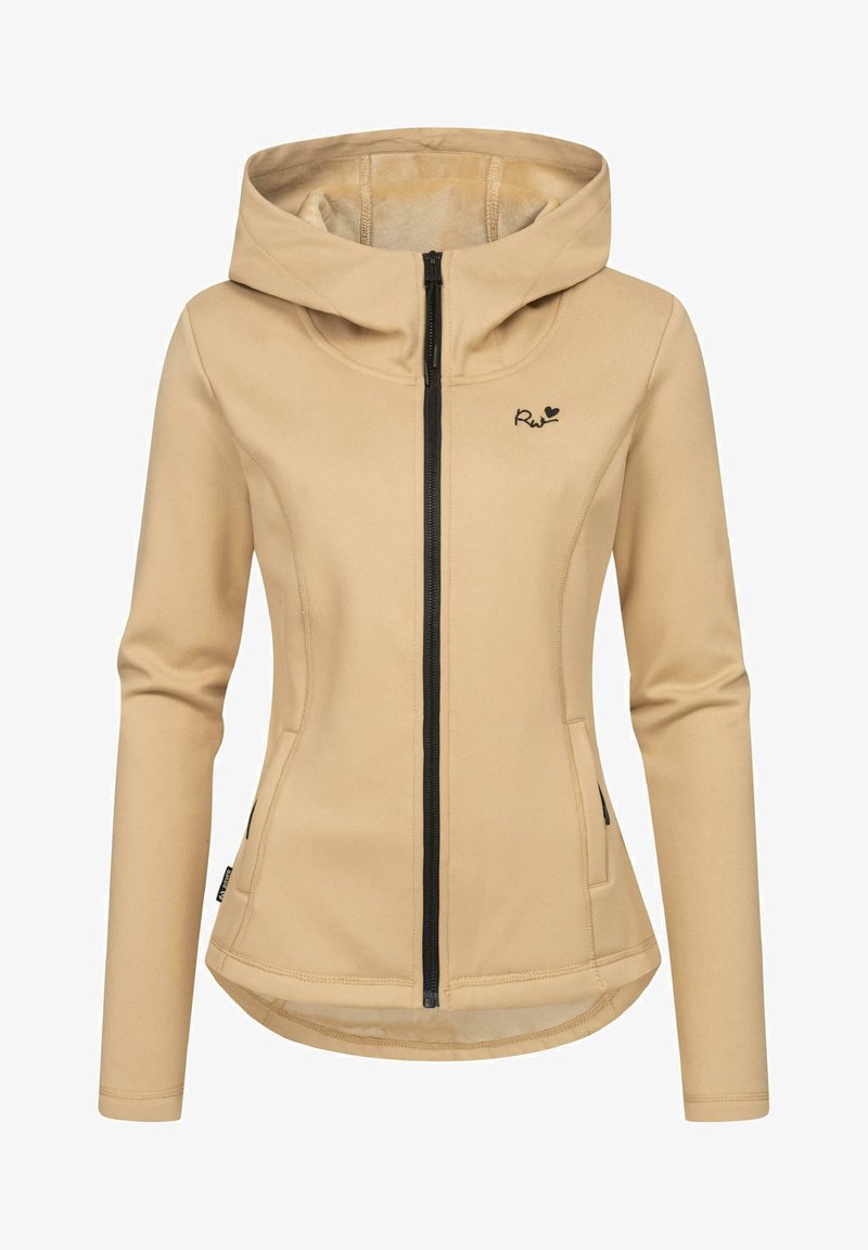 Homokszínű kapucnis dzseki, elöl cipzárral, két oldalsó zsebbel és sima textúrával. Bal mellen fekete logo található, valamint kontrasztos fekete cipzár.