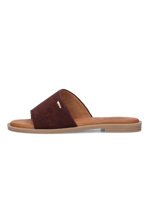 Sandalo a ciabatta in camoscio marrone con plantare imbottito marrone chiaro e suola piatta in gomma, caratterizzato da una fascia larga sulla parte superiore e una piccola targhetta dorata del marchio.