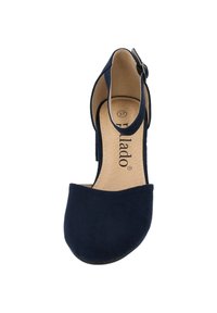 Chaussures à talons hauts en suede bleu marine avec un bout ouvert, une bride chevilles et une doublure intérieure lisse. Taille 37 indiquée à l'intérieur.