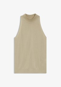 Top de punto beige sin mangas con cuello redondo alto y ribete acanalado, colocado plano sobre fondo blanco.