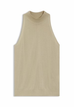 Ärmelloses beiges Stricktop mit hohem rundem Ausschnitt und geripptem Saum, flach auf weißem Hintergrund gelegt.