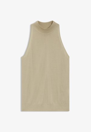 Top en maille beige sans manches avec un col rond haut et une bordure côtelée, posé à plat sur fond blanc.