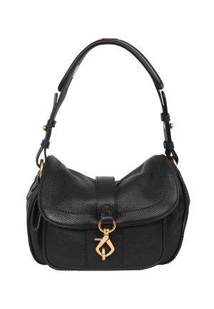 Black leather handbag with a curved design, gold hardware, a top flap, and a short handle. Features textured surface and a distinctive clasp.