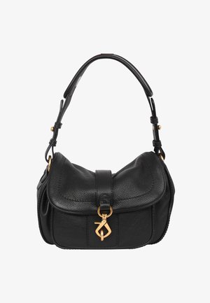 Black leather handbag with a curved design, gold hardware, a top flap, and a short handle. Features textured surface and a distinctive clasp.