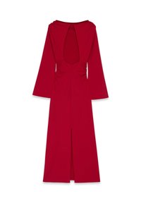 Punainen pitkähihaisuus mekko, jossa on syvä V-mallinen selkäosa, rypytetty yksityiskohta vyötäröllä, täysimittainen hame ja reiden ylle ulottuva halkio. Valmistettu sileästä kankaasta.