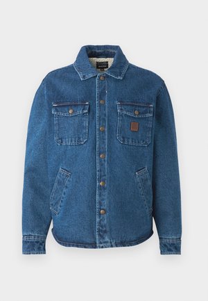 Blue denim jacket with two buttoned chest pockets, side pockets, a collar, and metal snap buttons down the front.