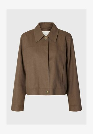 Pruun lühike jope pikkade varrukatega, lai krae ja kaks nähtavat nööpi esikinnises.