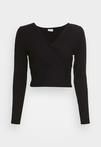 Top cropped preto feito de tecido canelado, apresentando um decote em V e mangas longas com detalhes texturizados ao longo do corpo.