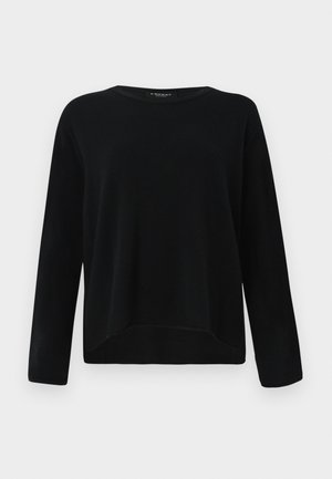 Črn dolg rokav s krožnim izrezom, narejen iz mehkega materiala. Ima rahlo ukrivljen rob in sproščen kroj. Brez vidnih vzorcev.