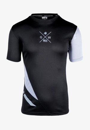 Zwarte sportieve shirt met korte mouwen, voorzien van grijze accenten en een grafisch logo op de voorkant. Gemaakt van glad, rekbaar materiaal.