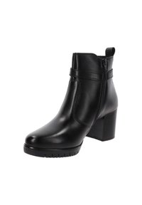 Bottine en cuir noir avec un bout arrondi, fermeture éclair sur le côté et un talon épais. Texture lisse et détails de couture subtils.