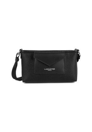 Black leather crossbody bag with pebbled texture, flap exterior pocket, and adjustable strap. Logo "LANCASTER PARIS" displayed in silver.