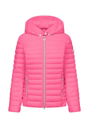 Jasnoróżowa pikowana kurtka z poziomymi przeszyciami, przednim suwakiem, dwoma kieszeniami na suwak oraz przymocowanym kapturem z zatrzaskami.