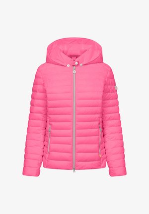 Felroze gewatteerde jas met horizontale stiksels, ritssluiting aan de voorkant, twee ritssluitvakken en een vast kap met drukknoopsluiting.