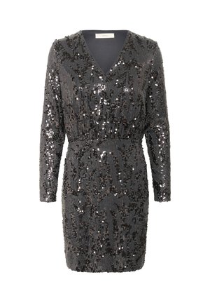 Vestido negro de mangas largas con escote en V, cubierto de brillantes lentejuelas negras y plateadas, con una cintura ajustada y dobladillo hasta la rodilla.