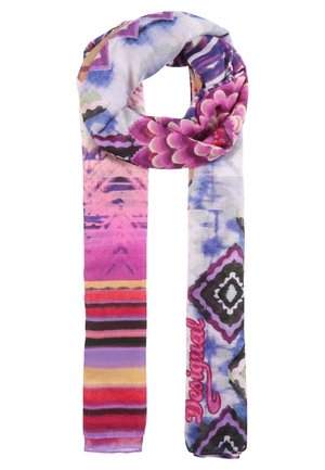 Lange sjaal met meerkleurige bloemen-, geometrische en gestreepte patronen in roze, paars, rood en blauw tinten, met het woord "Desigual" in rood.