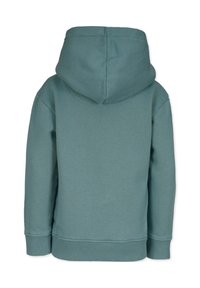 Huvtröja i teal, tillverkad av mjukt material. Har ribbade muddar och nederkant, med en enkel baksida och inga synliga loggor eller dekorationer.