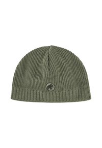 Green knitted beanie hat with ribbed texture and a circular black logo featuring an elephant on the front.