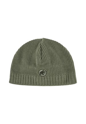 Green knitted beanie hat with ribbed texture and a circular black logo featuring an elephant on the front.