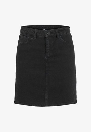 Black denim skirt with a straight cut, a front button closure, and five pockets. Features a clean hem and minimalistic design.