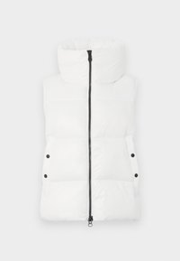 Witte gewatteerde mouwloze vest met hoge kraag, zwarte centrale rits en drukknopzijzakken.