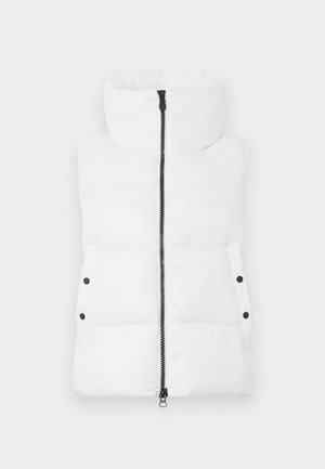 Gilet bianco imbottito senza maniche con colletto alto, cerniera centrale nera e tasche laterali con bottone a pressione.