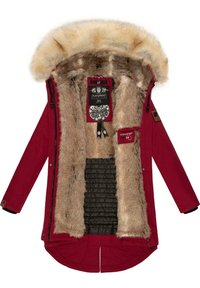 Red parka with a faux fur-lined hood, brown fur interior, adjustable drawstring, and black quilted lining. Features brand labels and snaps.