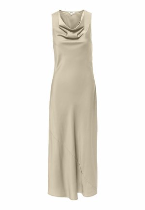 Ermeløs beige satin midi-kjole med drapert halslinning og subtilt diagonalt sømdetalj foran.