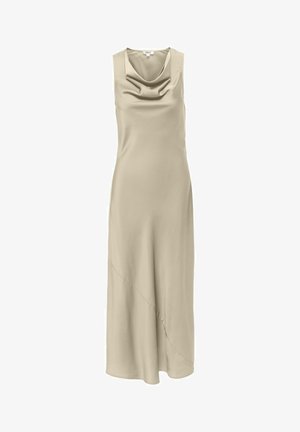 Robe midi sans manches en satin beige avec col drapé et détail subtil de couture diagonale sur le devant.