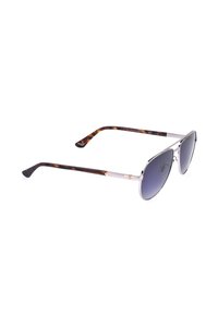 Lunettes de soleil style aviateur avec monture en métal argenté, verres foncés dégradés et branches marron à motif écaille.