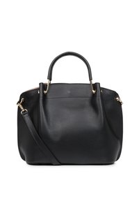 Zwarte leren handtas met gouden hardware, dubbele handvatten aan de bovenkant en een afneembare schouderband. Beschikt over een gestructureerd oppervlak en een ruime binnenkant.