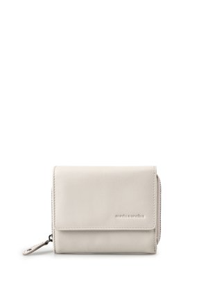 Kleine beiges Lederportemonnaie mit vorderer Klappe, sichtbaren Nähten, seitlichem Reißverschlussfach und dem "aunts & uncles"-Logo, das vorne geprägt ist.