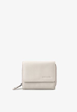 Kleine beiges Lederportemonnaie mit vorderer Klappe, sichtbaren Nähten, seitlichem Reißverschlussfach und dem "aunts & uncles"-Logo, das vorne geprägt ist.