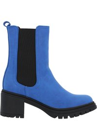 Botines azul con un acabado suave, paneles laterales elásticos y un tacón grueso negro. Presentan una puntera reforzada y suela texturizada.