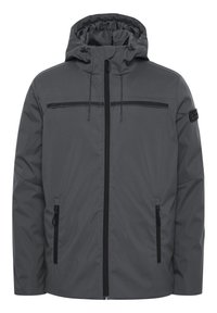 Grå zip-up jacka med huva, med svarta detaljer, två framfickor med dragkedja och elastiska snoddar på huvan och ärmsluten.