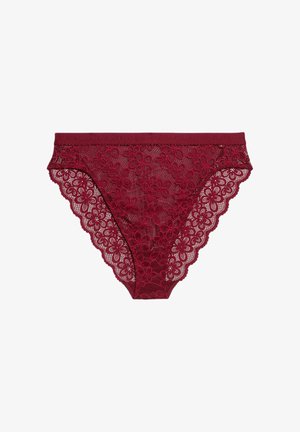 Burgunderfarbene Spitzen-Hipster-Unterwäsche mit floralem Muster und gewellten Kanten. Weicher Stoff mit einem elastischen Bund für Komfort.