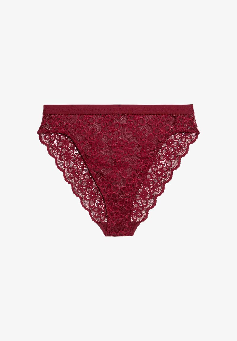 Bordeaux blonde hipster trusser med blomsterdesign og bølgede kanter. Blødt stof med en elastisk talje for komfort.