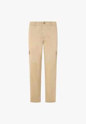 Béžové cargo nohavice vyrobené z bavlny, s rovnými nohavicami, dvoma postrannými vreckami a gombíkovým zapínaním v páse. Hladká textúra.