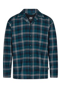 Flannel skjorte i teal og sort ternet mønster, med en notched krave, lange ærmer og knaplukning foran. Blød tekstur med kontrasterende striber.